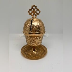 Vintage Incense Burner Bright Brass Cross Top Bowl with Etched Design Pedestal